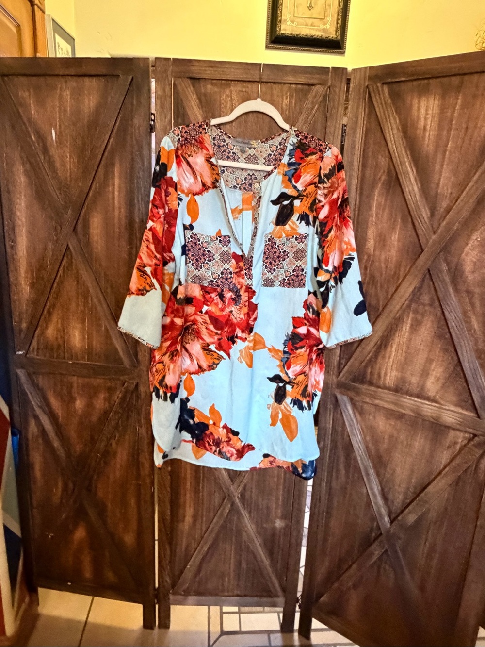 Light Blue Floral V-Neck Tunic with Patchwork Detail